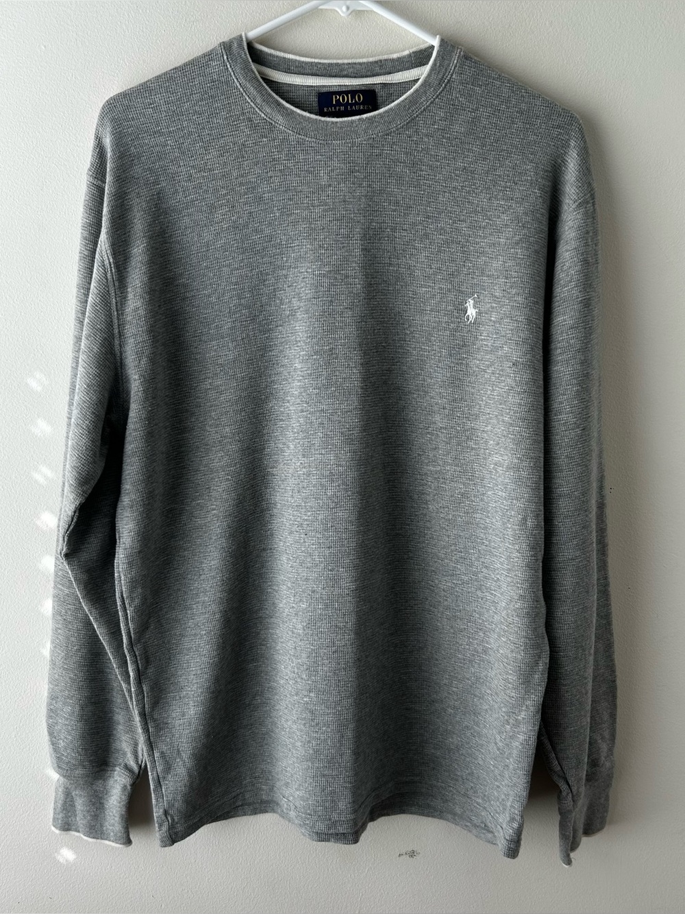 Polo Ralph Lauren Waffle Knit Thermal Tee Shirt Long Sleeve Grey White Pony L